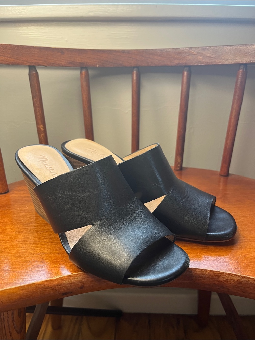 Madewell Tessa Black Leather Mule Heels Stacked Wood Heel Cutout Size 6.5